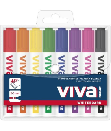 Molin Viva Pack de 8 Rotuladores para Pizarra Blanca - Punta Redonda de Fibra Sintetica - Trazo 3mm - Tinta con Base de Alcohol 