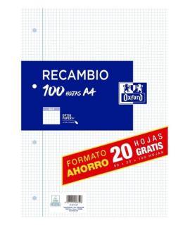 Oxford Recambio Formato A4 Cuadriculado 4x4mm 4 Taladros - 80 Hojas + 20 Gratis 90gr con Margen