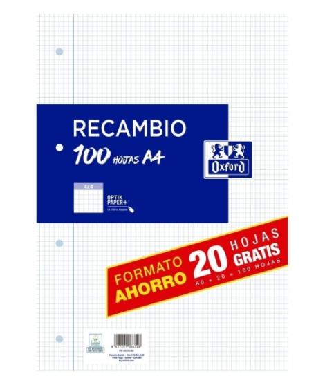 Oxford Recambio Formato A4 Cuadriculado 4x4mm 4 Taladros - 80 Hojas + 20 Gratis 90gr con Margen