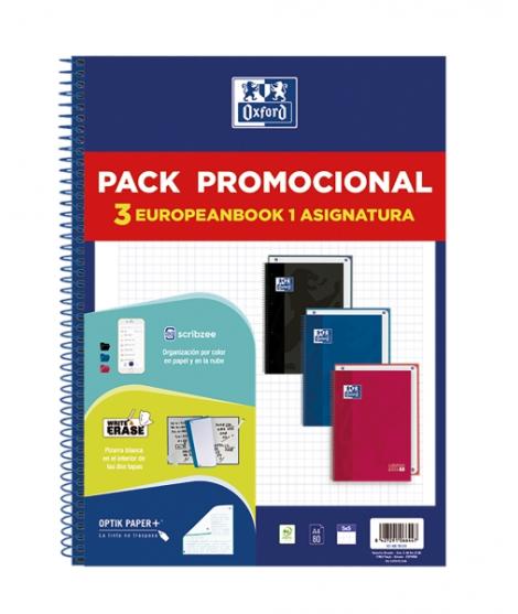 Oxford Europeanbook 1 Classic Pack de 3 Cuadernos Espiral Formato A4+ Cuadriculado 5x5mm - 80 Hojas 90gr - Tapa Extradura Tacto 